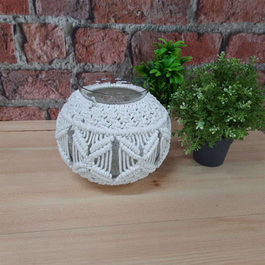 Avioni Home Hand Moulded Glass Jars Round Shaped With Beautifully Crafted Macrame Cover Candle Lantern-7 X 8 Inches ( 18*20 cms)