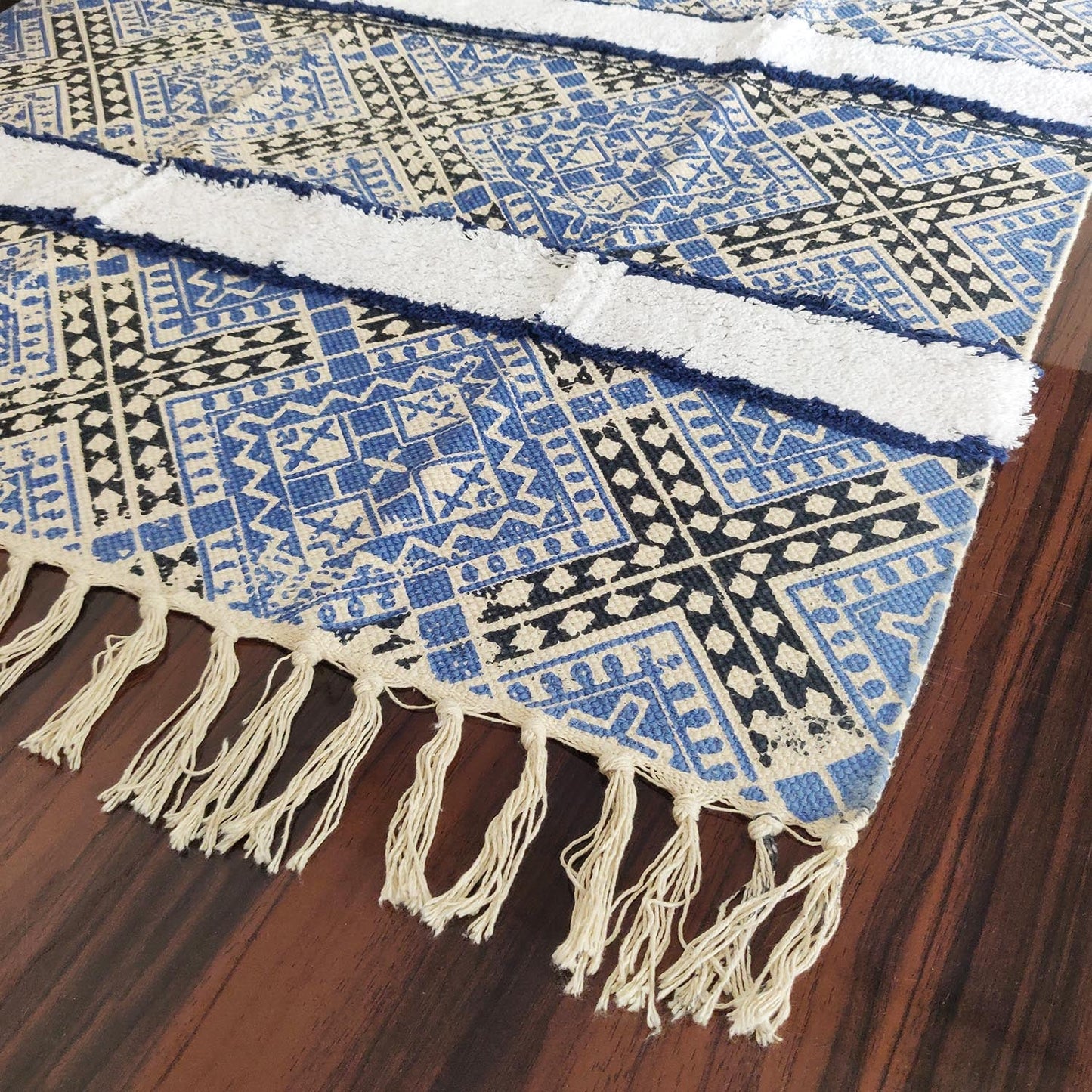 Avioni Boho Look Cotton Printed & Part Tufted Floor Rug / Durrie – Blue Cross