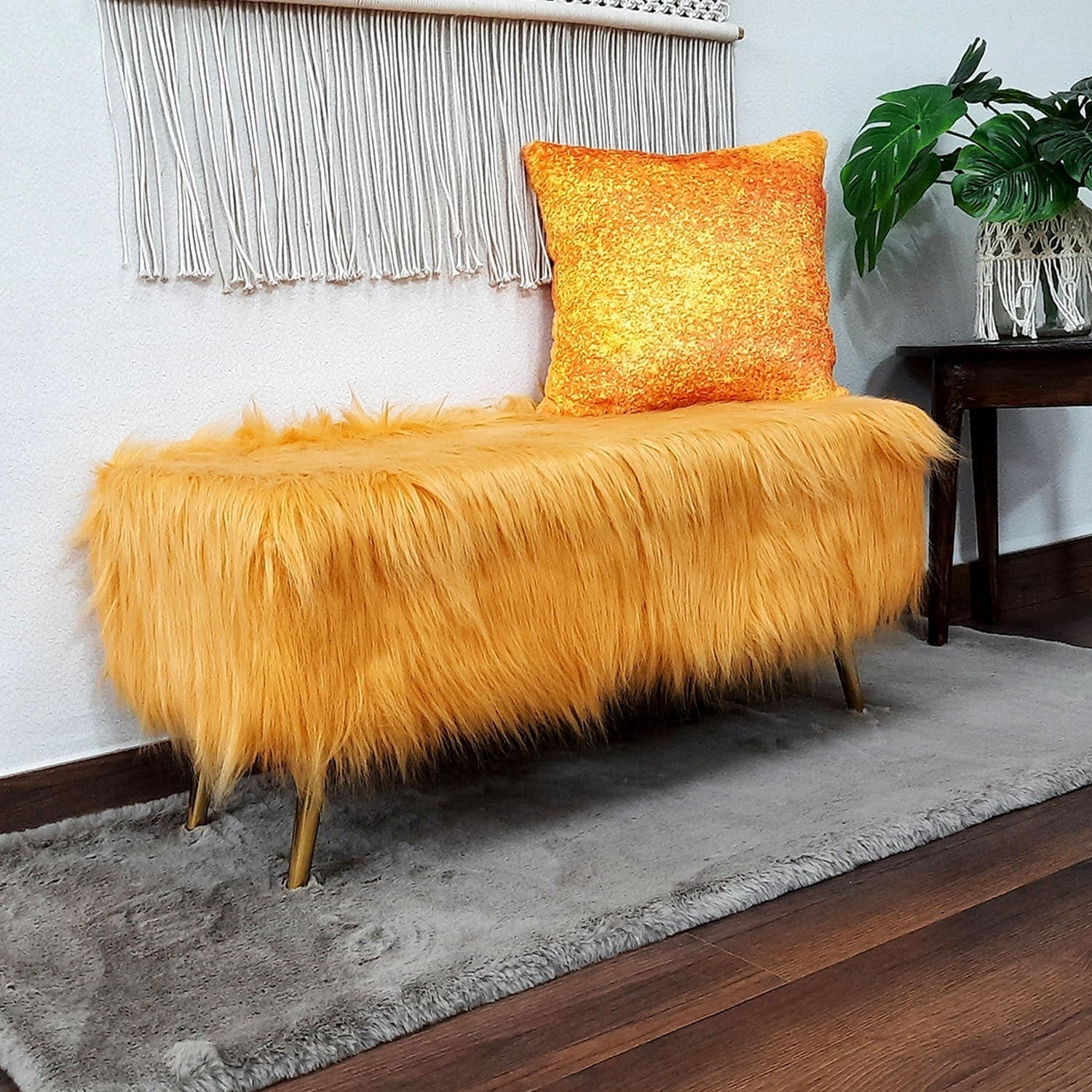 Noviato Collection – Amber Premium Long Faux Fur Bench Gold Metal Legs Modern On-Trend Style Multi-Functional Ottoman Bench Seat, 90 cm length x 40