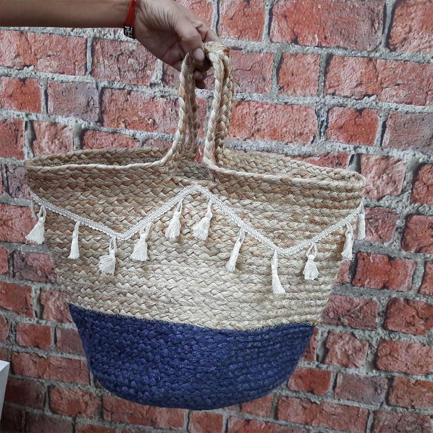 Avioni Home- Hand Braided Natural Jute Baskets With Blue Hand Decorated with Fringes Large Size- 12×12 inch (31×31 cms)