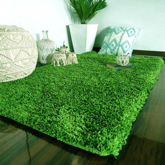 Shaggy Carpet | Washable | Hand Woven Super Luxurious Feel | Export Quality- Green Color