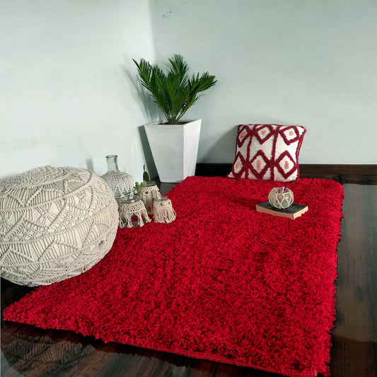 Shaggy Carpet | Washable | Hand Woven Super Luxurious Feel | Export Quality- Red Color
