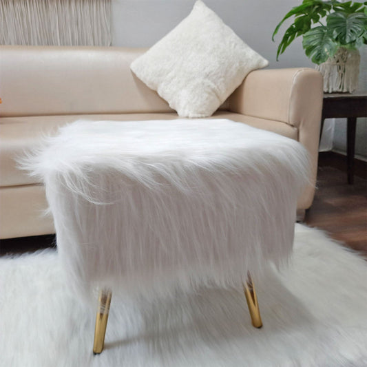 Noviato Collection – White Premium Long Faux Fur Footstool Gold Metal Legs Modern On-Trend Style Square Multi-Functional Ottoman Stool Seat, 40cm x 40cm x 40 cm | from Avioni