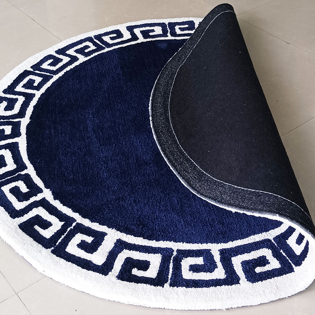 Avioni Home Atlas Collection - Greek Style Microfiber Round Carpet In Navy Blue & White| Soft, Non-Slip, Easy to Clean