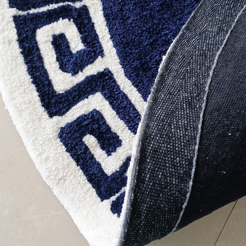 Avioni Home Atlas Collection - Greek Style Microfiber Round Carpet In Navy Blue & White| Soft, Non-Slip, Easy to Clean