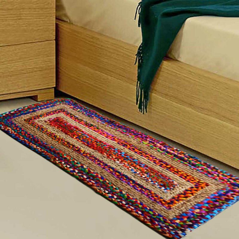 Braided Rug in Ecofriendly Recycled Cotton Chindi and Jute – Colorful Contemporary Design – Perfect for Hallway or Bedside – 55cm x 137cm (~22″ x 55″) – Avioni