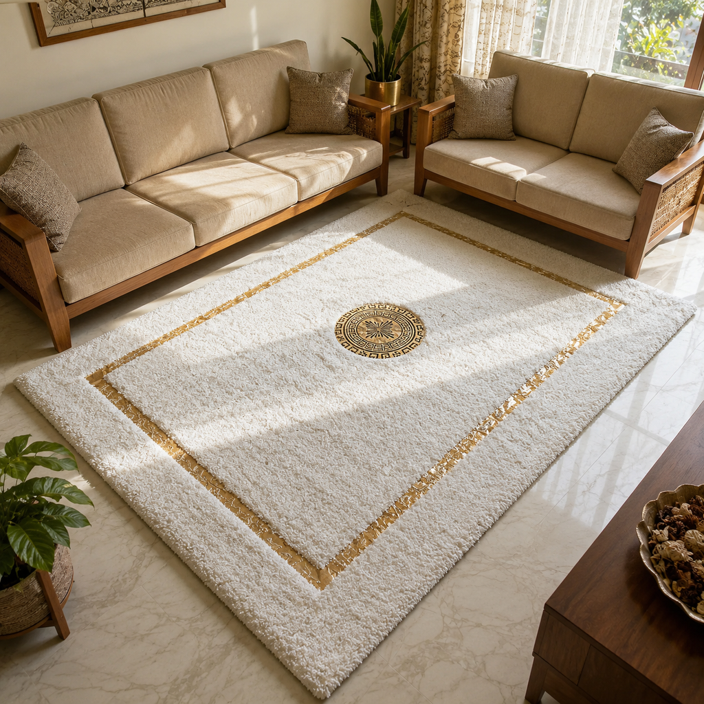 Avioni Divine Collection | Luxury Golden Touch With White/Cream Border Soft And Plush Handmade Living Room Rugs | Different Sizes | Carpet for Living Room