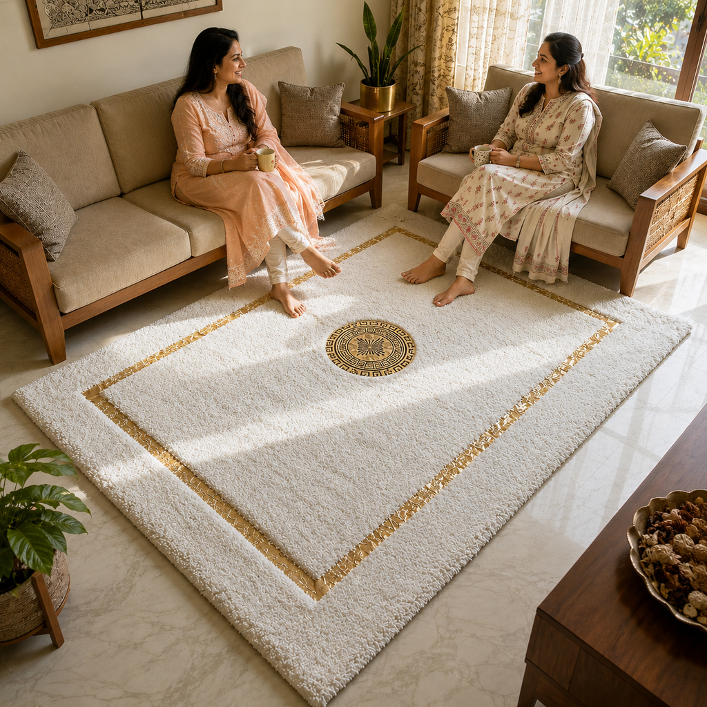 Avioni Divine Collection | Luxury Golden Touch With White/Cream Border Soft And Plush Handmade Living Room Rugs | Different Sizes | Carpet for Living Room