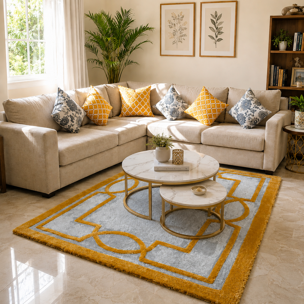 Avioni Luxury Collection- Plush Luxury Grey and Yellow Tone Carpet with 3d Traditional Design -Different Sizes Shaggy Fluffy Rugs and Carpet for Living Room