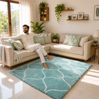 Avioni Home Atlas Collection - Moroccan Style Microfiber Carpet In Aqua | Soft, Non-Slip, Easy to Clean