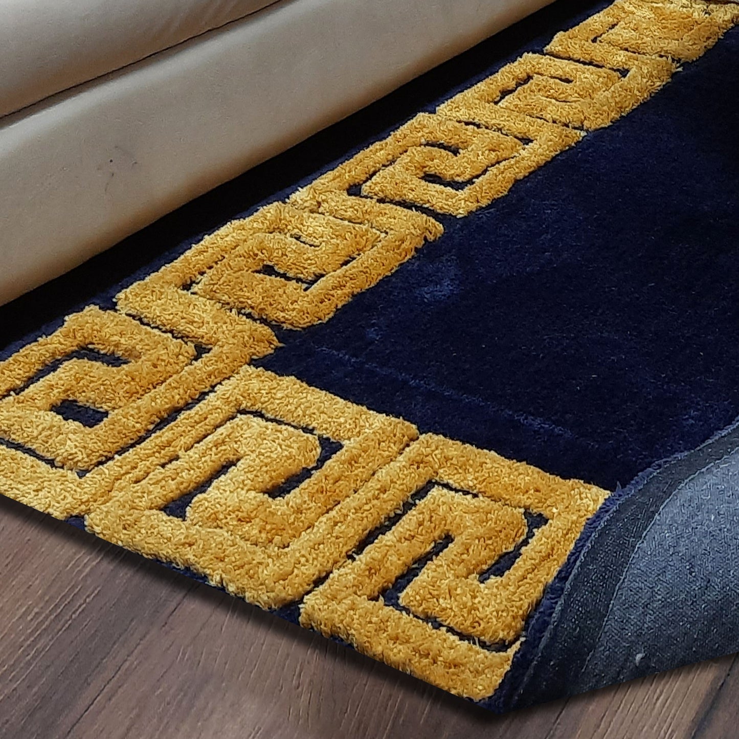 Avioni Atlas Collection- Micro Navy Blue with 3D Yellow Designer Border -Different Sizes Shaggy Fluffy Rugs and Carpet for Living Room
