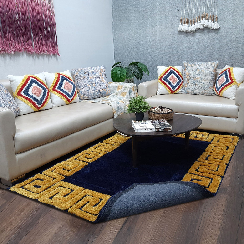 Avioni Atlas Collection- Micro Navy Blue with 3D Yellow Designer Border -Different Sizes Shaggy Fluffy Rugs and Carpet for Living Room