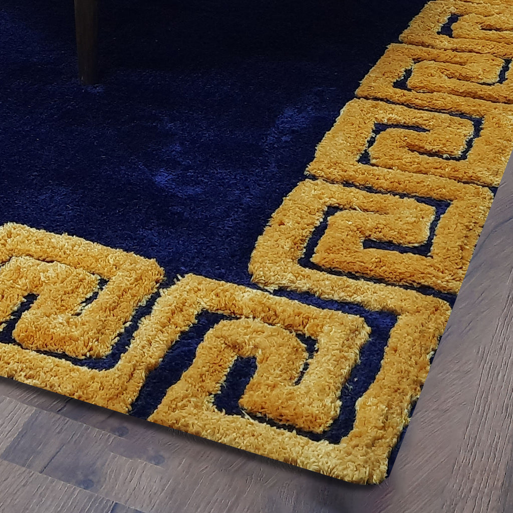 Avioni Atlas Collection- Micro Navy Blue with 3D Yellow Designer Border -Different Sizes Shaggy Fluffy Rugs and Carpet for Living Room