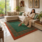 Avioni Luxury Collection- Plush Luxury Green and Golden Mustard Carpet with Greek Border Design -Different Sizes- Carpet for Living Room
