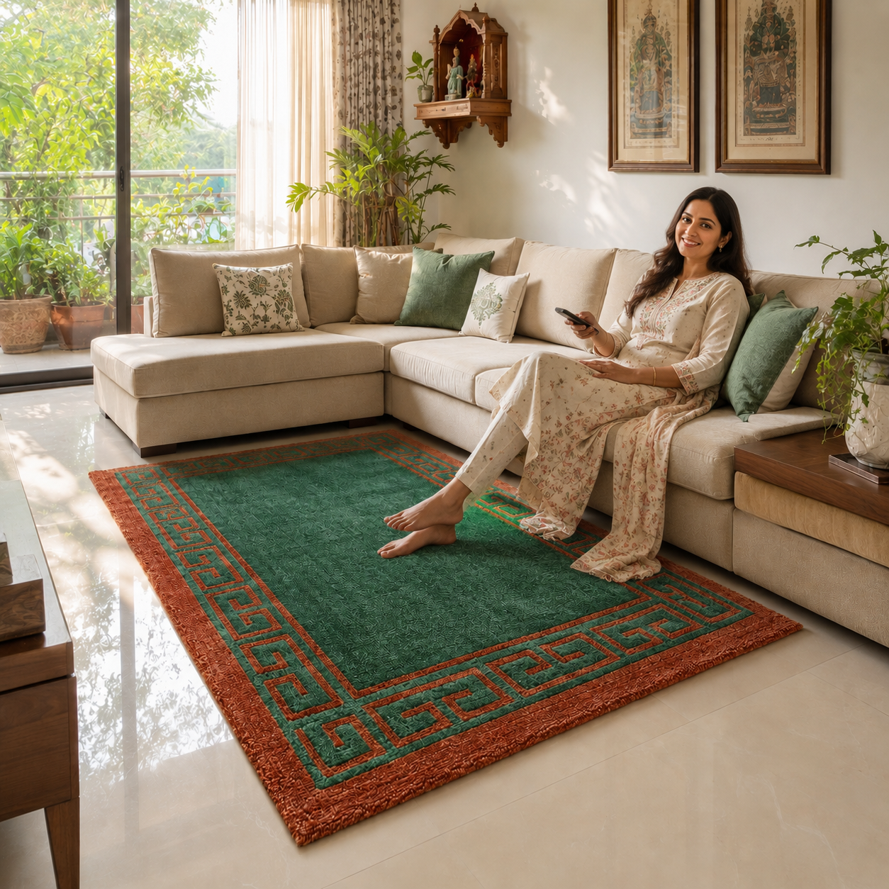Avioni Luxury Collection- Plush Luxury Green and Golden Mustard Carpet with Greek Border Design -Different Sizes- Carpet for Living Room