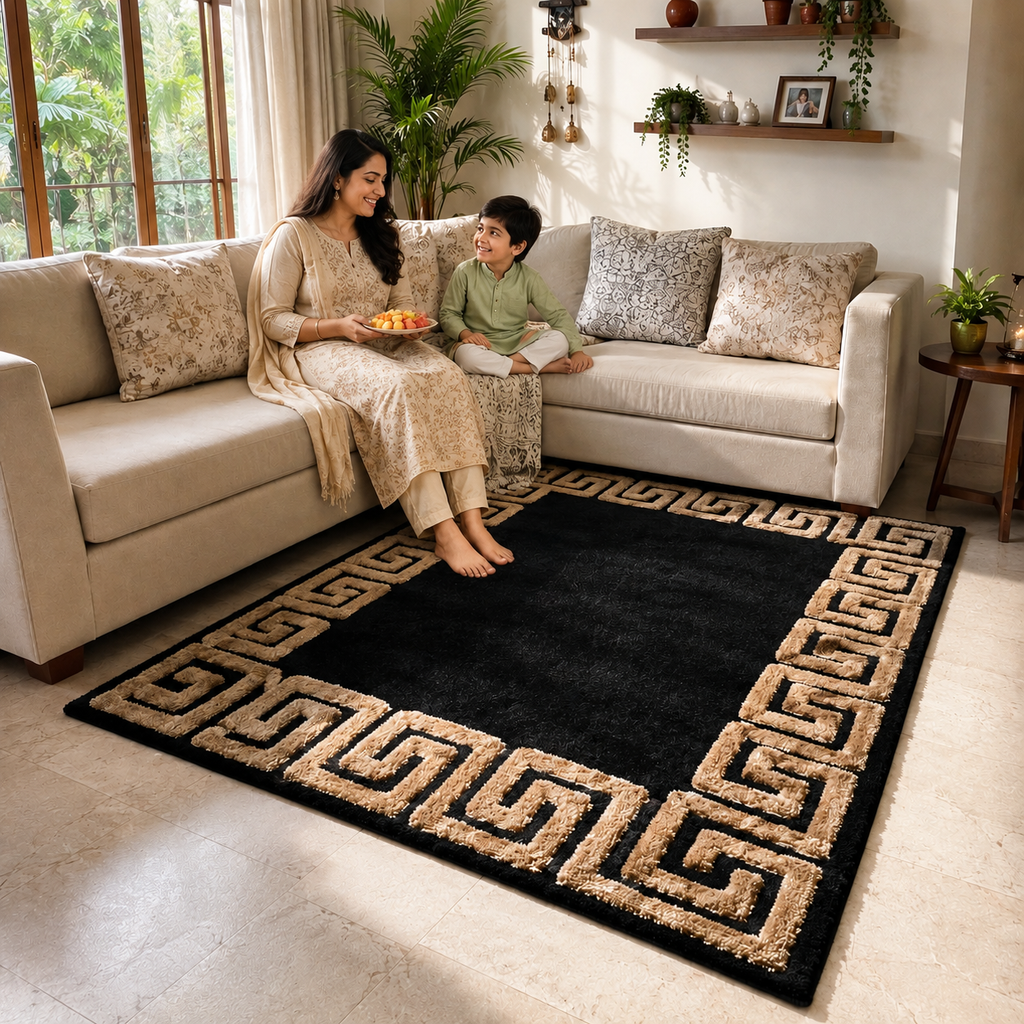 Avioni Atlas Collection- Micro Black with 3D Beige Designer Border -Different Sizes Shaggy Fluffy Rugs and Carpet for Living Room