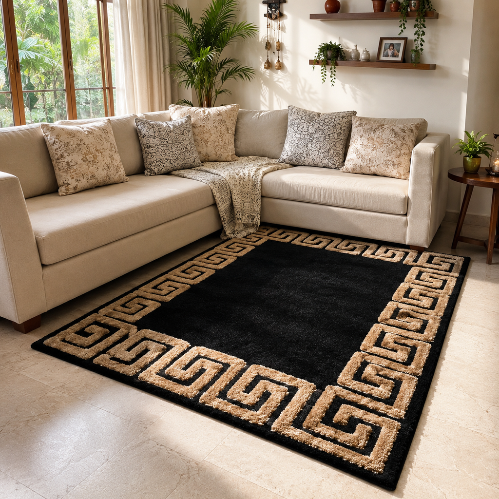 Avioni Atlas Collection- Micro Black with 3D Beige Designer Border -Different Sizes Shaggy Fluffy Rugs and Carpet for Living Room