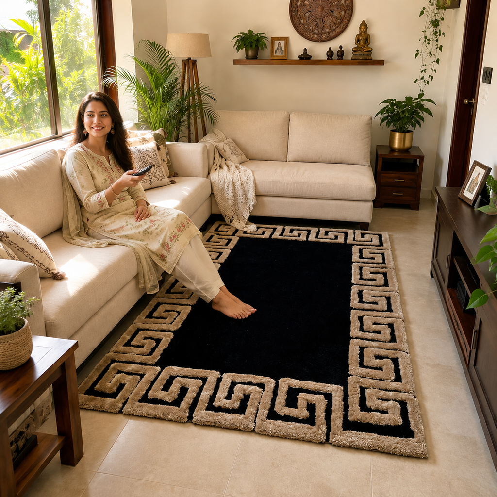 Avioni Atlas Collection- Micro Black with 3D Beige Designer Border -Different Sizes Shaggy Fluffy Rugs and Carpet for Living Room