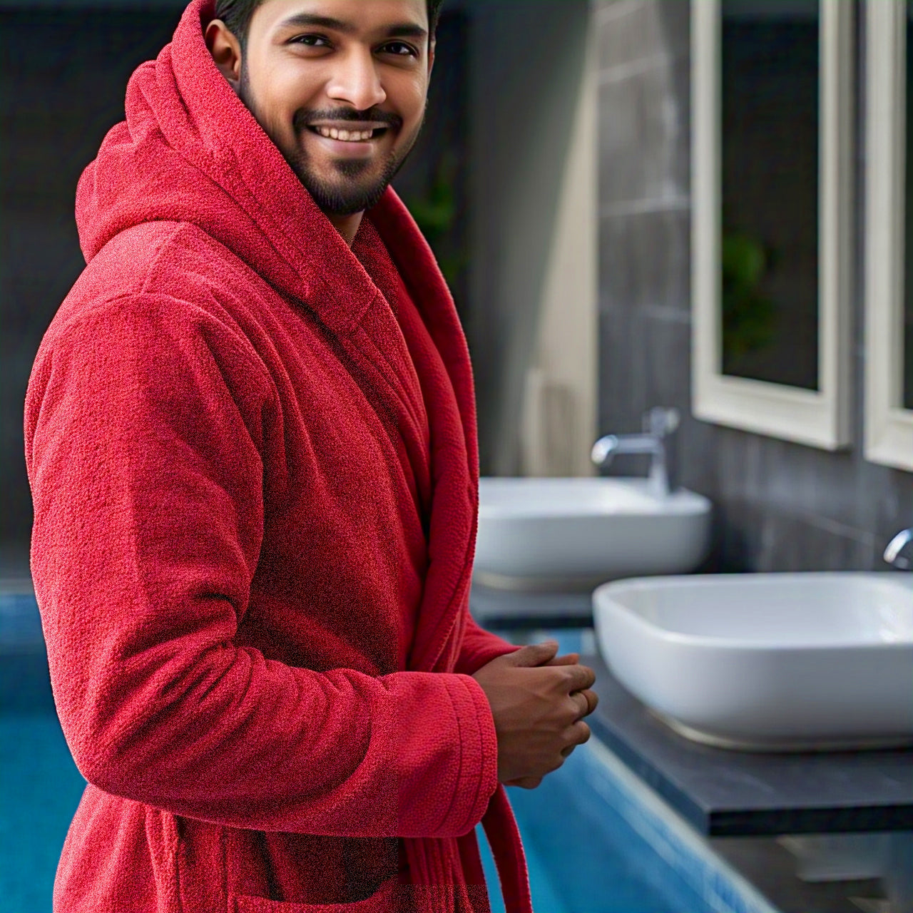 Avioni by Loomkart | Classic Luxury Terry Hooded Bathrobes – Hotel and Spa Quality Robes Made with 100% terry cotton -Red