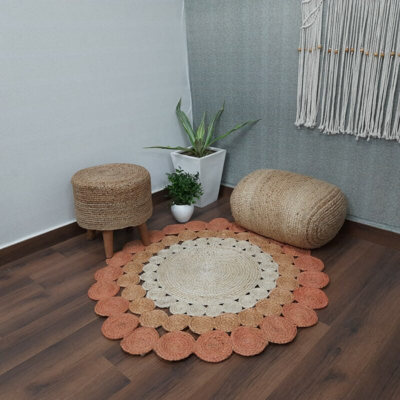 Avioni Braided Round Shaped Flower Look Rug In Pinkish Shade- 120 cms (~4 Feet)