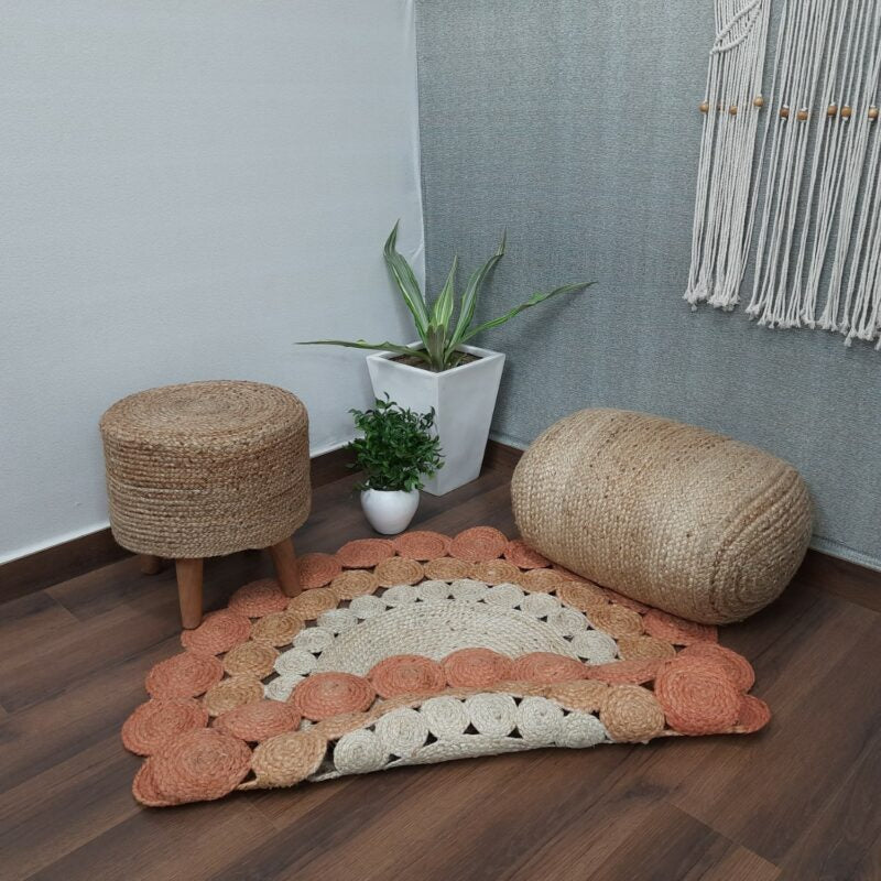 Avioni Braided Round Shaped Flower Look Rug In Pinkish Shade- 120 cms (~4 Feet)