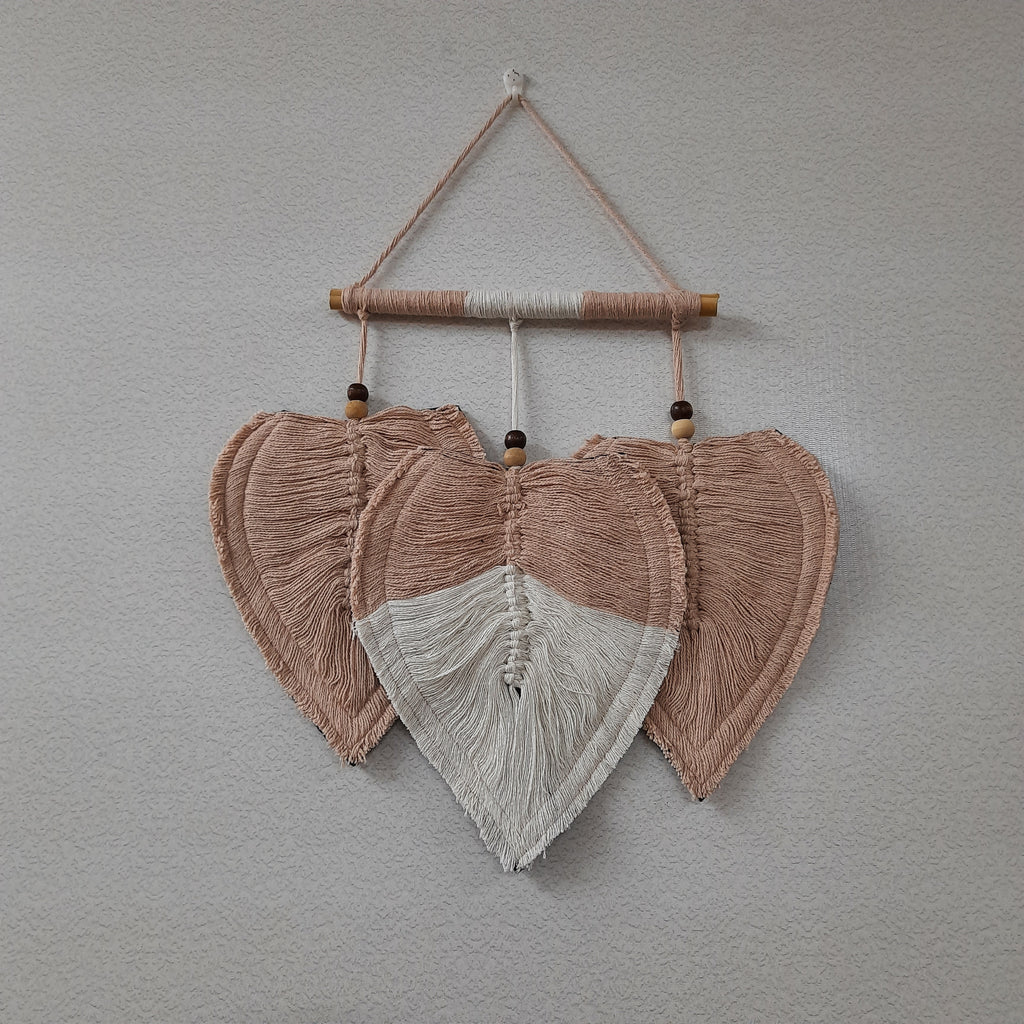 Avioni Feather Macrame Wall Hanging With Beads, Macrame Knotted Wall Tapestry, Living Room Bedroom Interior Decor-Peach And White-38 cms x 27 cms