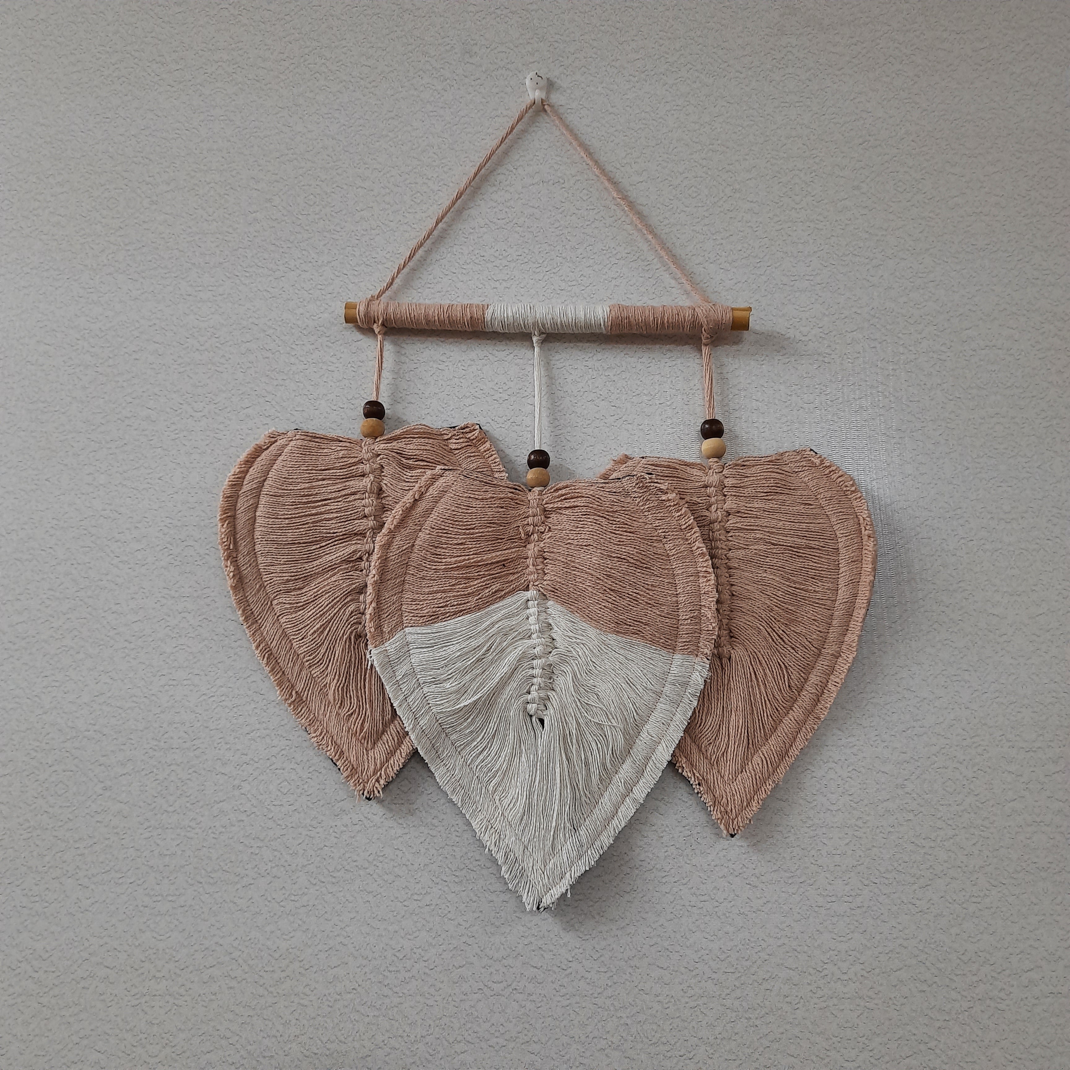 Avioni Feather Macrame Wall Hanging With Beads, Macrame Knotted Wall Tapestry, Living Room Bedroom Interior Decor-Peach And White-38 cms x 27 cms