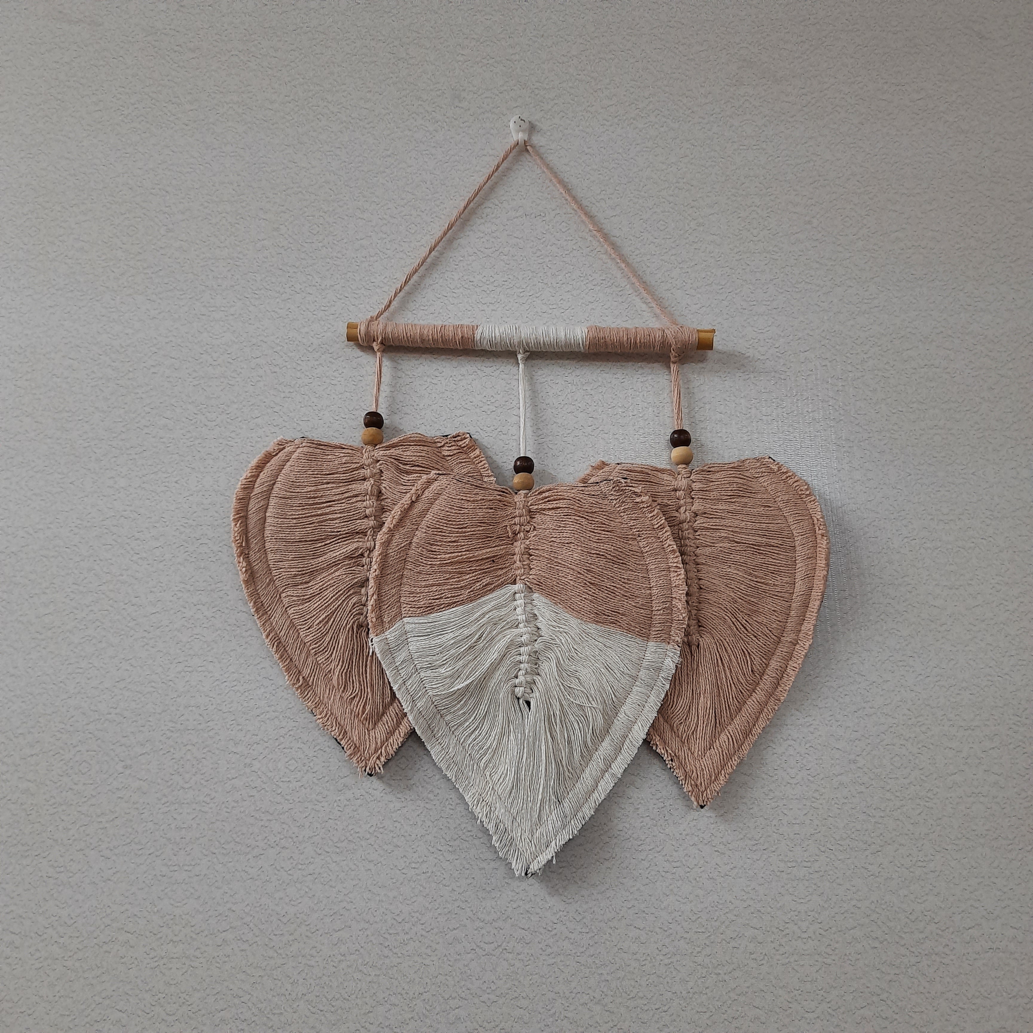Avioni Feather Macrame Wall Hanging With Beads, Macrame Knotted Wall Tapestry, Living Room Bedroom Interior Decor-Peach And White-38 cms x 27 cms
