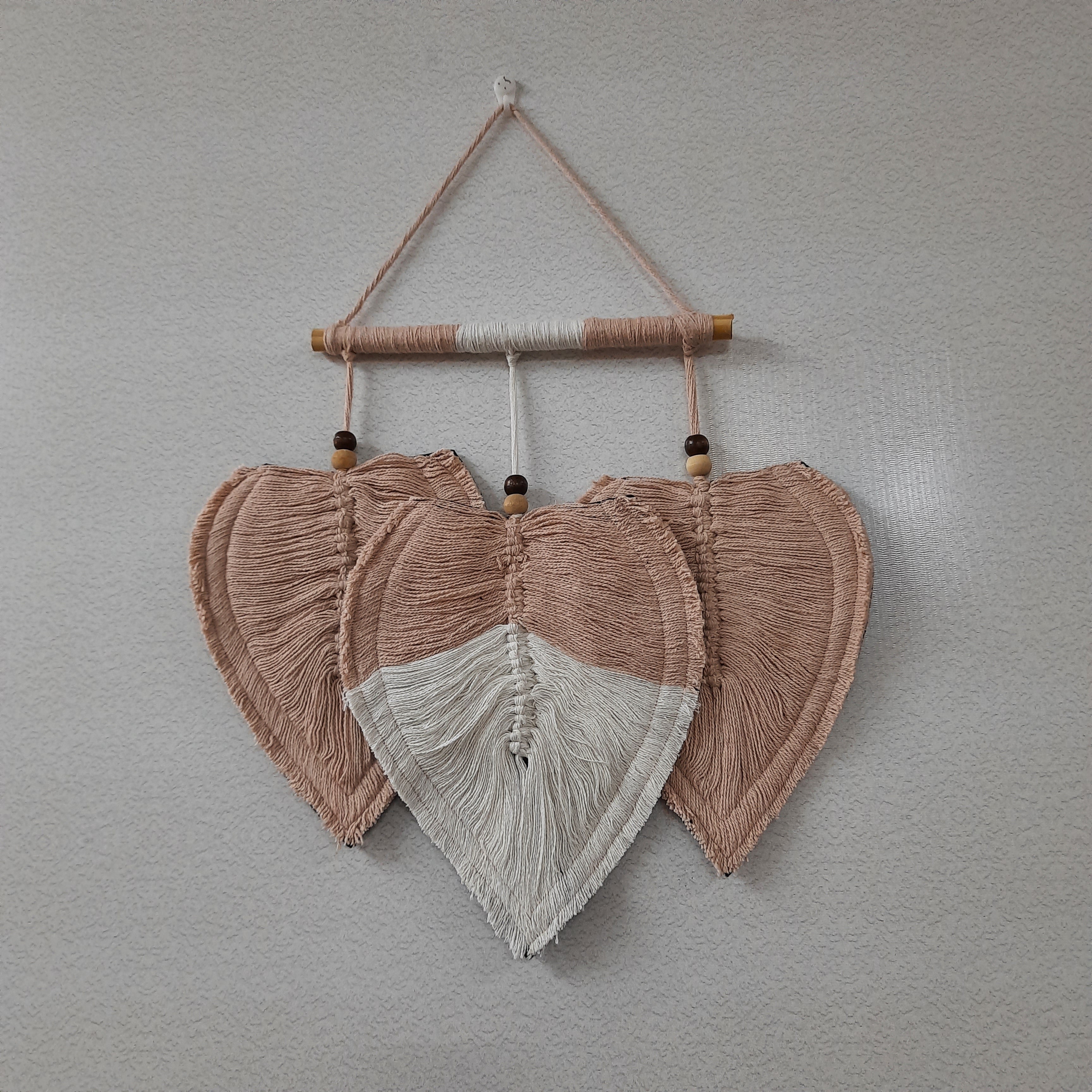 Avioni Feather Macrame Wall Hanging With Beads, Macrame Knotted Wall Tapestry, Living Room Bedroom Interior Decor-Peach And White-38 cms x 27 cms