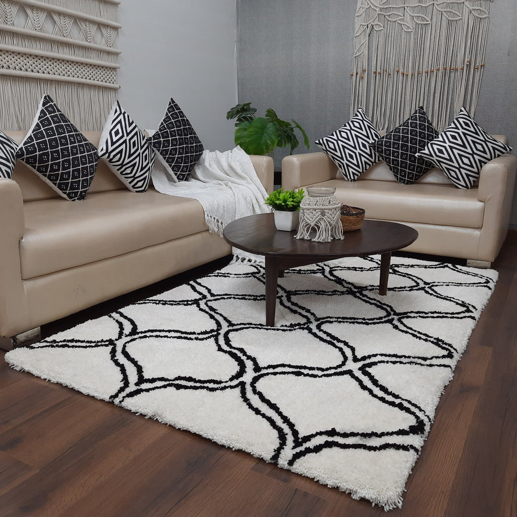 Avioni Home Atlas Collection - Moroccan Style Microfiber Carpet In Black and White | Soft, Non-Slip, Easy to Clean