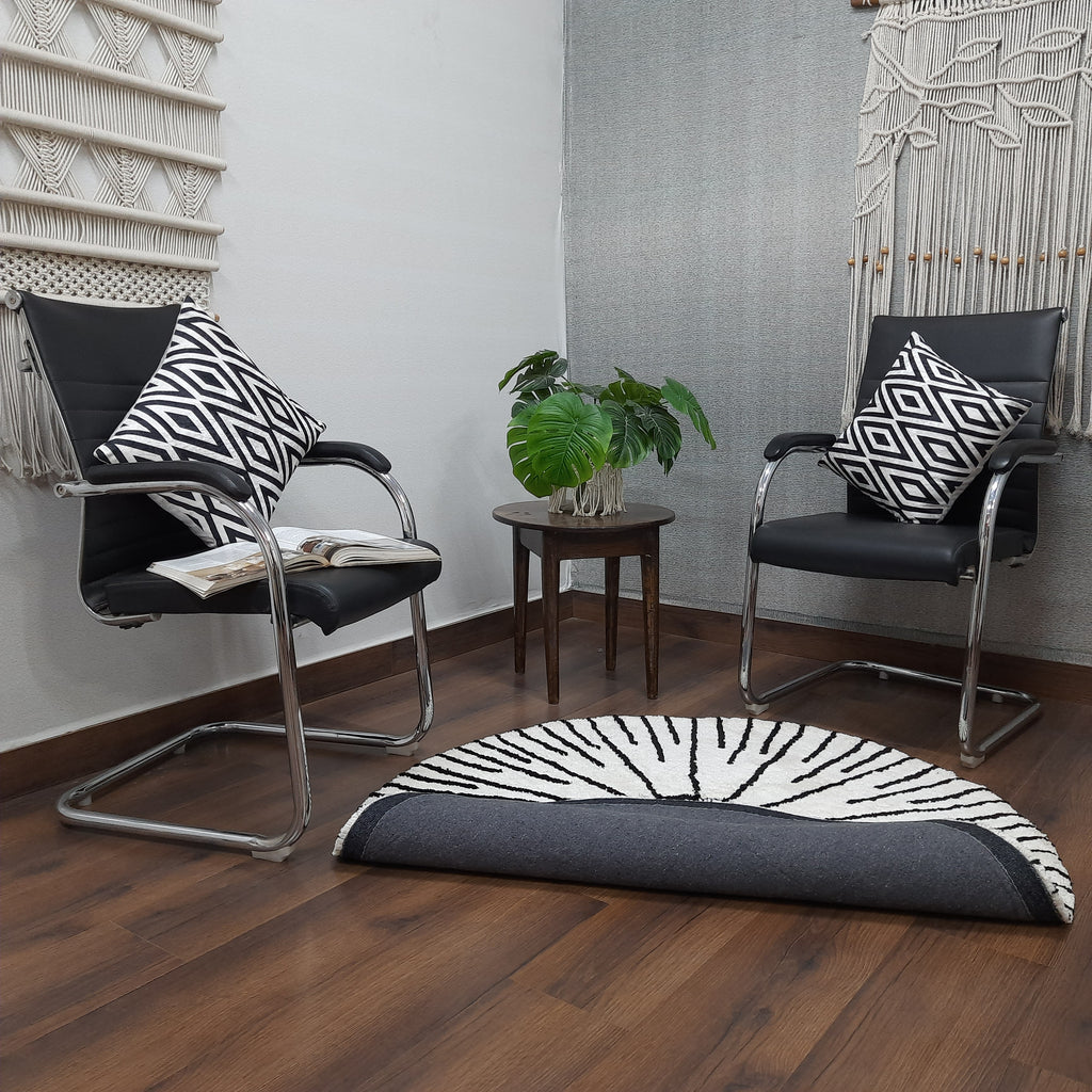 Avioni Home Atlas Collection - Moroccan Style Microfiber Round Carpet In White & Black| Soft, Non-Slip, Easy to Clean