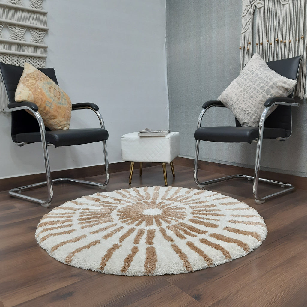 Avioni Home Atlas Collection - Moroccan Style Microfiber Round Carpet In Beige & White| Soft, Non-Slip, Easy to Clean