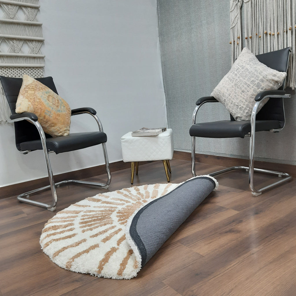 Avioni Home Atlas Collection - Moroccan Style Microfiber Round Carpet In Beige & White| Soft, Non-Slip, Easy to Clean