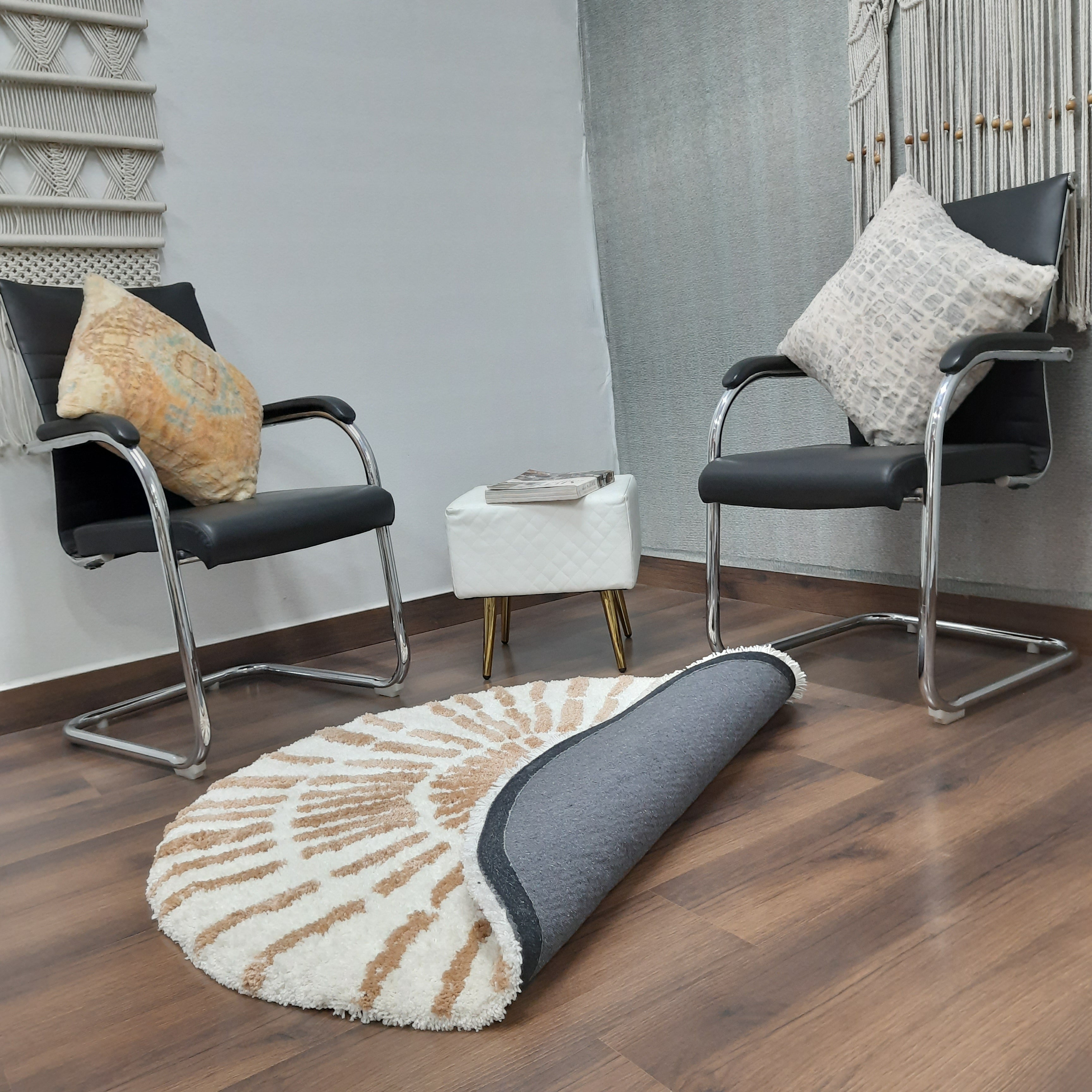 Avioni Home Atlas Collection - Moroccan Style Microfiber Round Carpet In Beige & White| Soft, Non-Slip, Easy to Clean