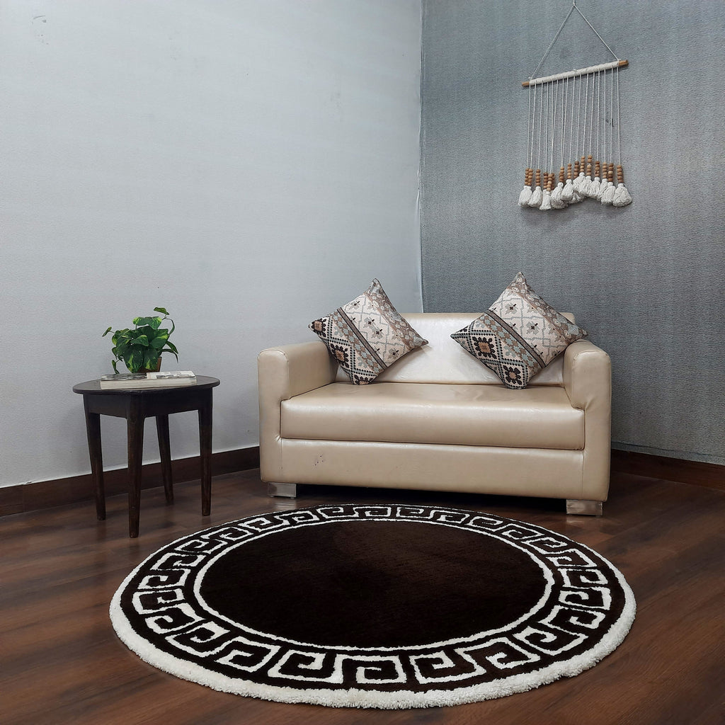 Avioni Home Atlas Collection - Greek Style Microfiber Round Carpet In Brown & White| Soft, Non-Slip, Easy to Clean