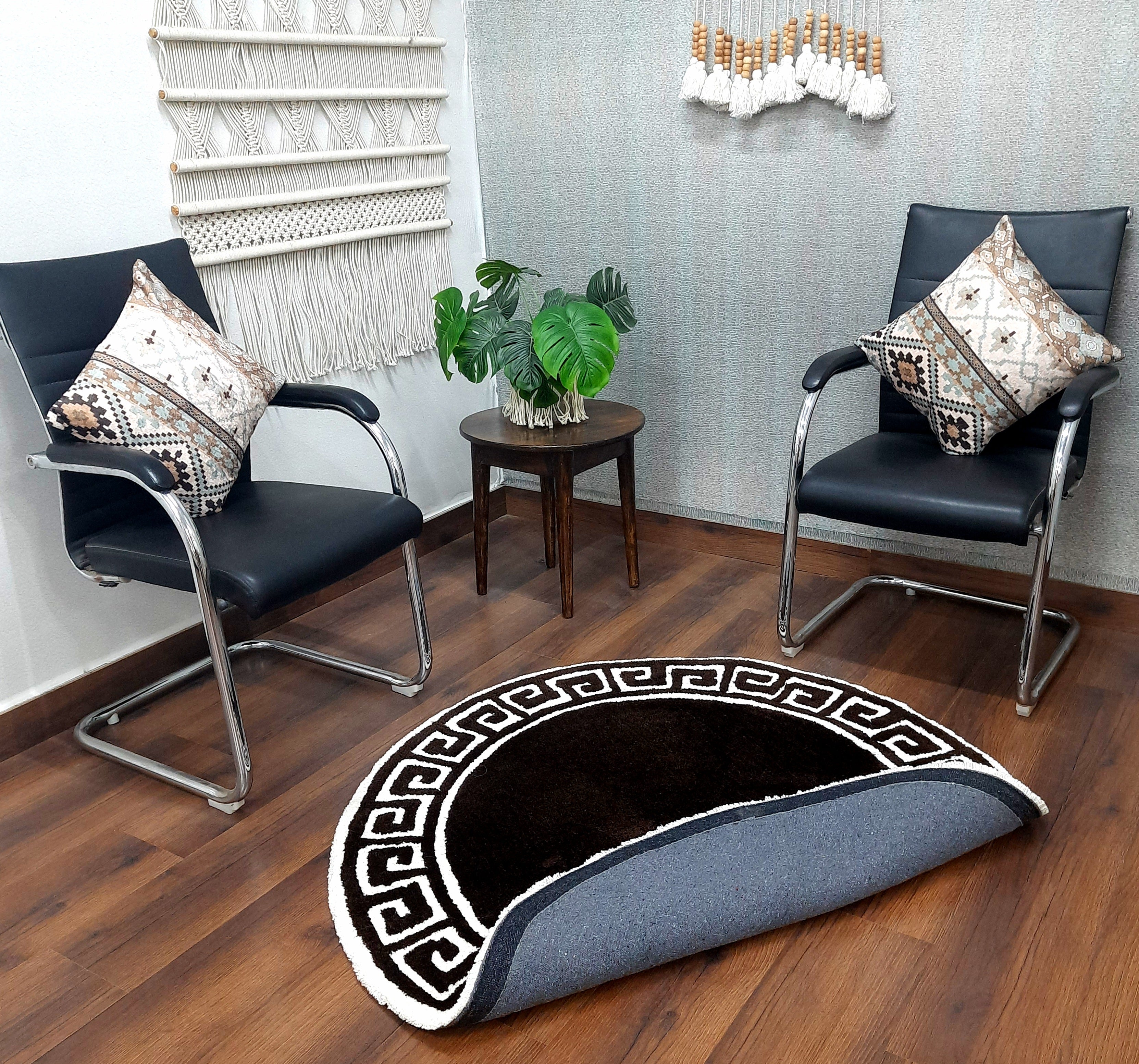 Avioni Home Atlas Collection - Greek Style Microfiber Round Carpet In Brown & White| Soft, Non-Slip, Easy to Clean