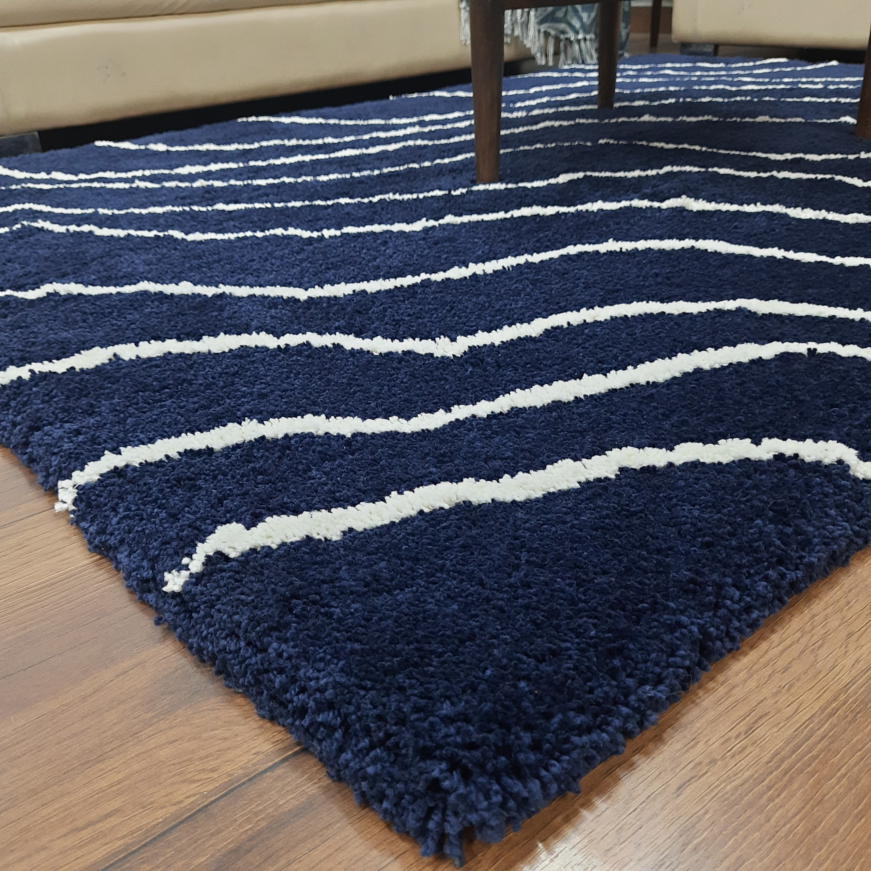 Avioni Home Atlas Collection - Plush Soft Washable Wave Design Carpet In Navy Blue & White| Soft, Carpet Backing, Easy to Clean