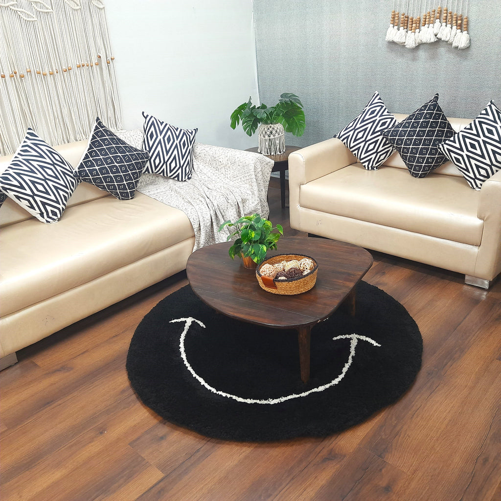 Avioni Home Atlas Collection - Smiley Design Round Carpet In Black| Soft, Non-Slip, Easy to Clean