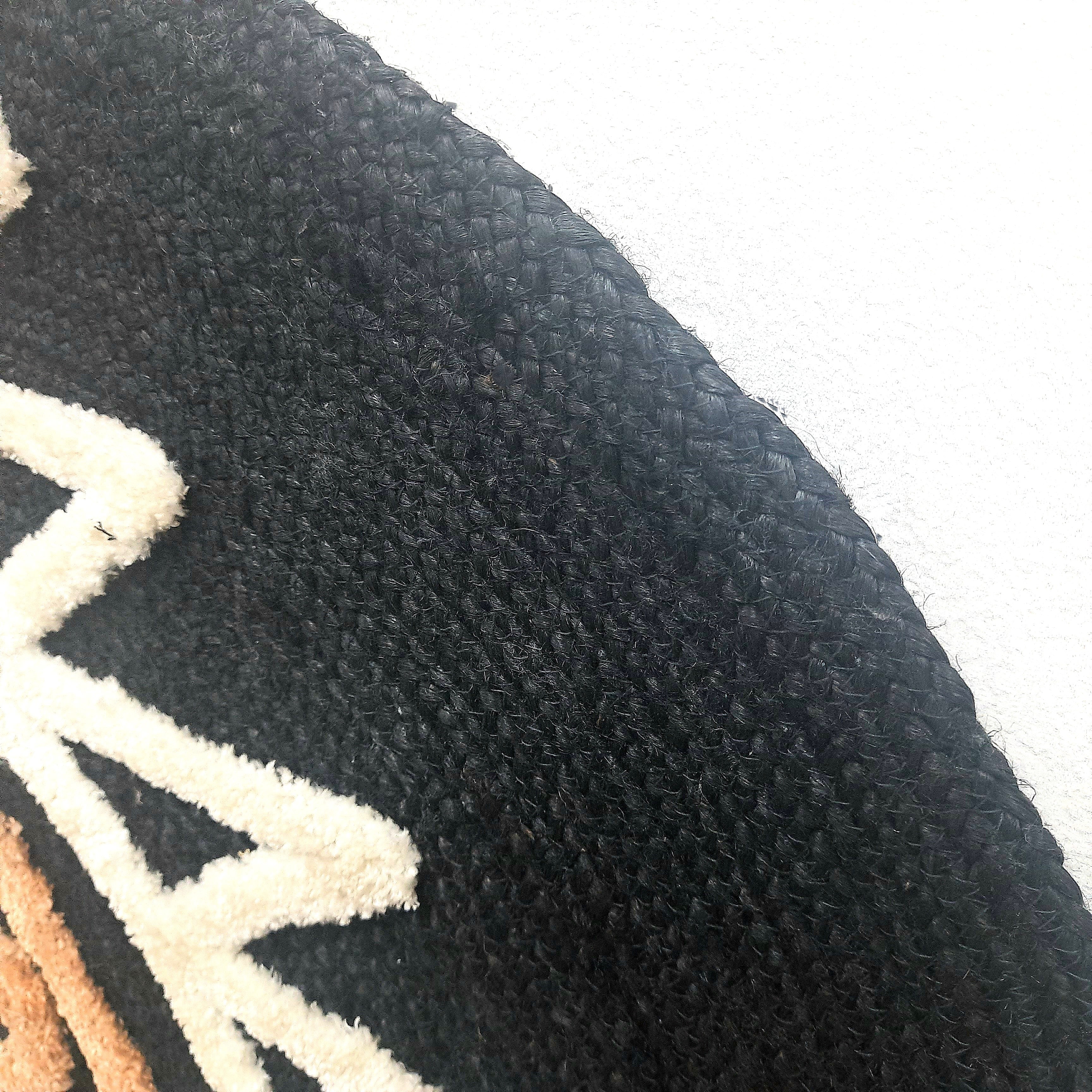 Avioni Boho Wall Decor Collection | Round Handwoven Jute with Tufted Design | Black Base with White & Beige Color Design | Large Wall Art-90 cmsx 90 cms