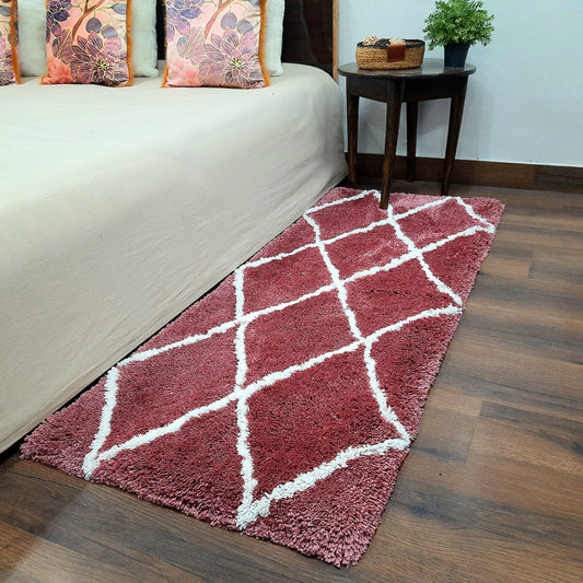 Plush Soft Washable Shaggy Carpet in Wine Color With White Check Design /Bedside Runners by Avioni Home
