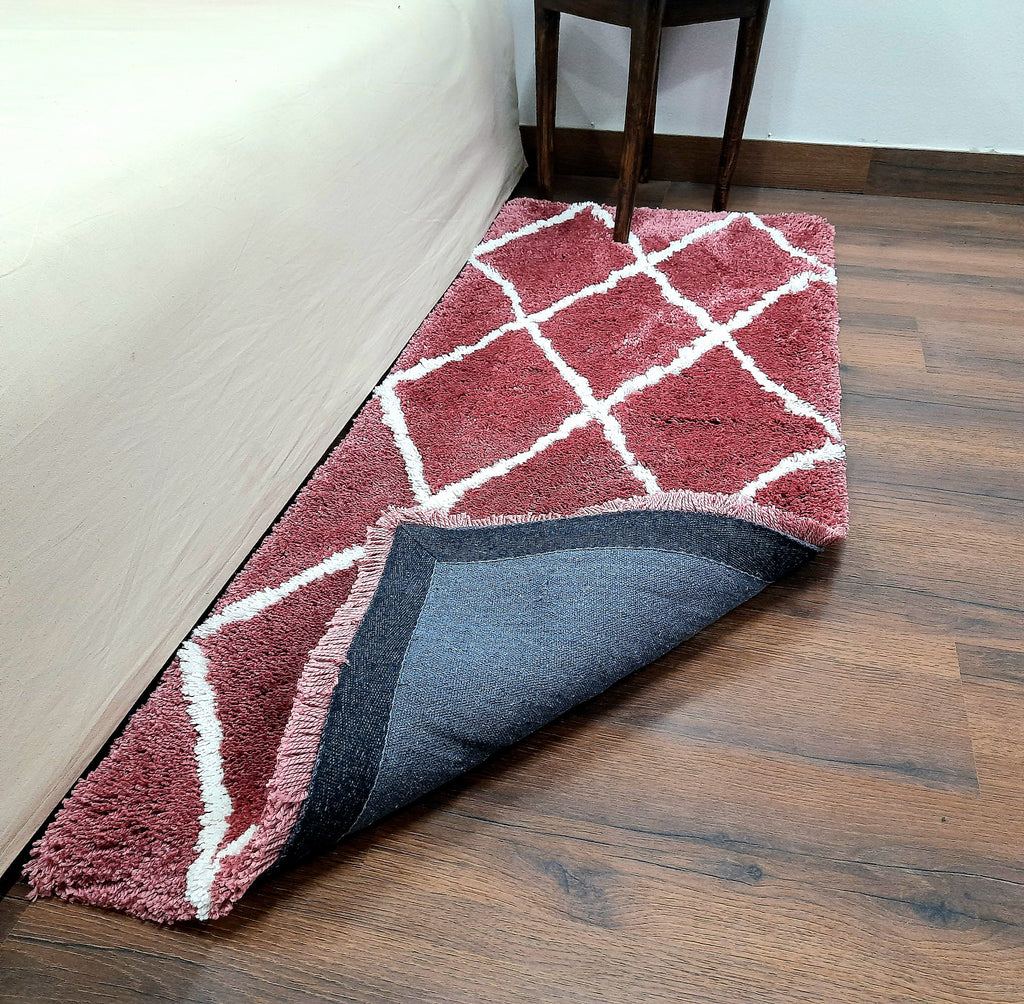 Plush Soft Washable Shaggy Carpet in Wine Color With White Check Design /Bedside Runners by Avioni Home