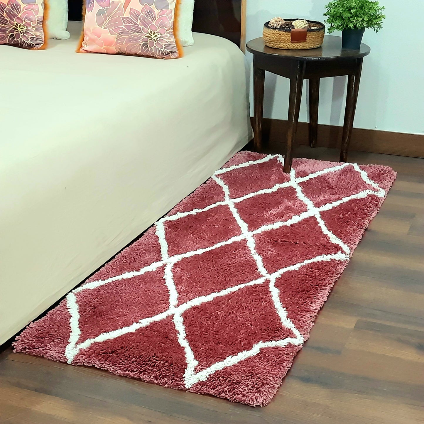 Plush Soft Washable Shaggy Carpet in Wine Color With White Check Design /Bedside Runners by Avioni Home