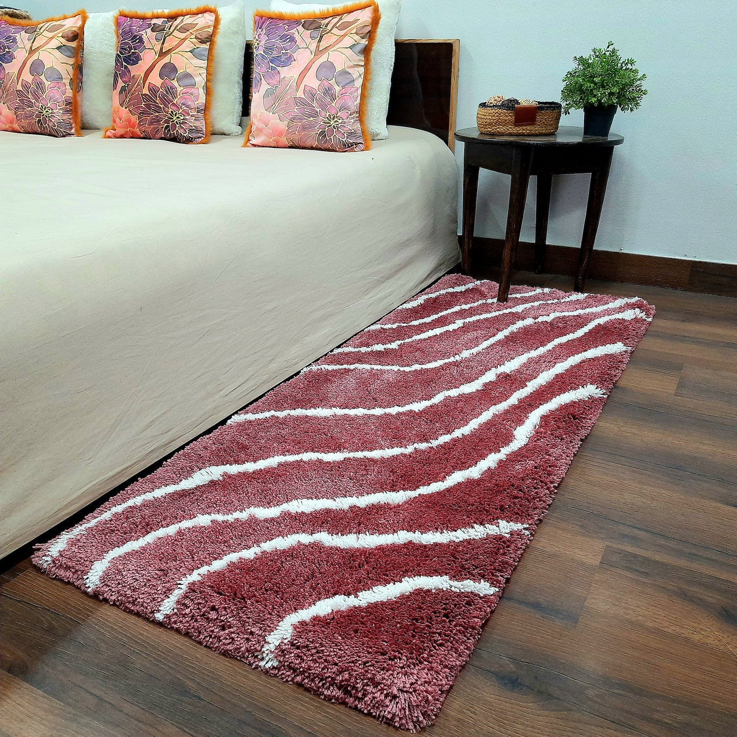 Plush Soft Washable Shaggy Carpet in Wine Color With White Wave Design /Bedside Runners by Avioni Home