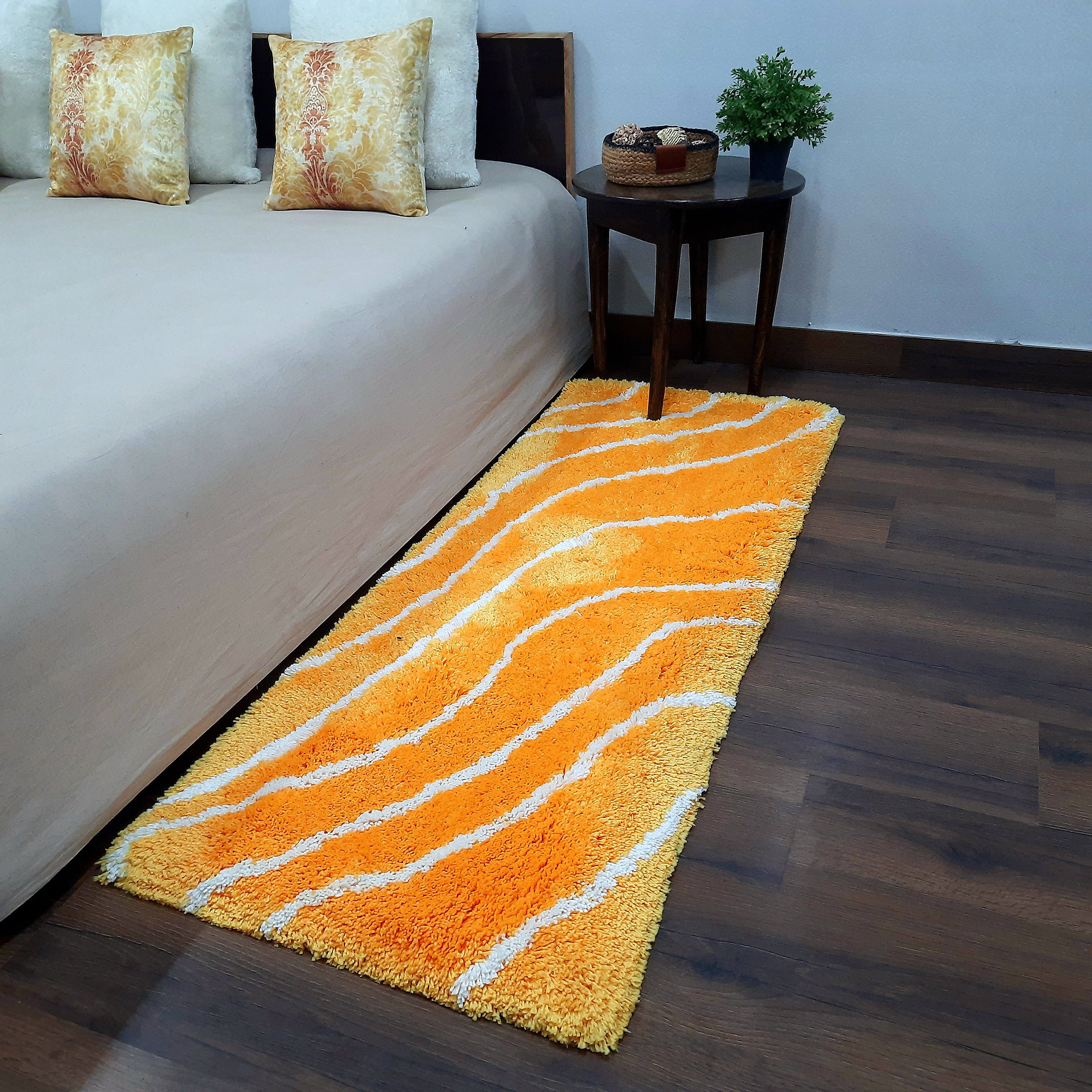 Premium Plush Shaggy Yellow Carpet With White Wave Design /Bedside Runners by Avioni Home
