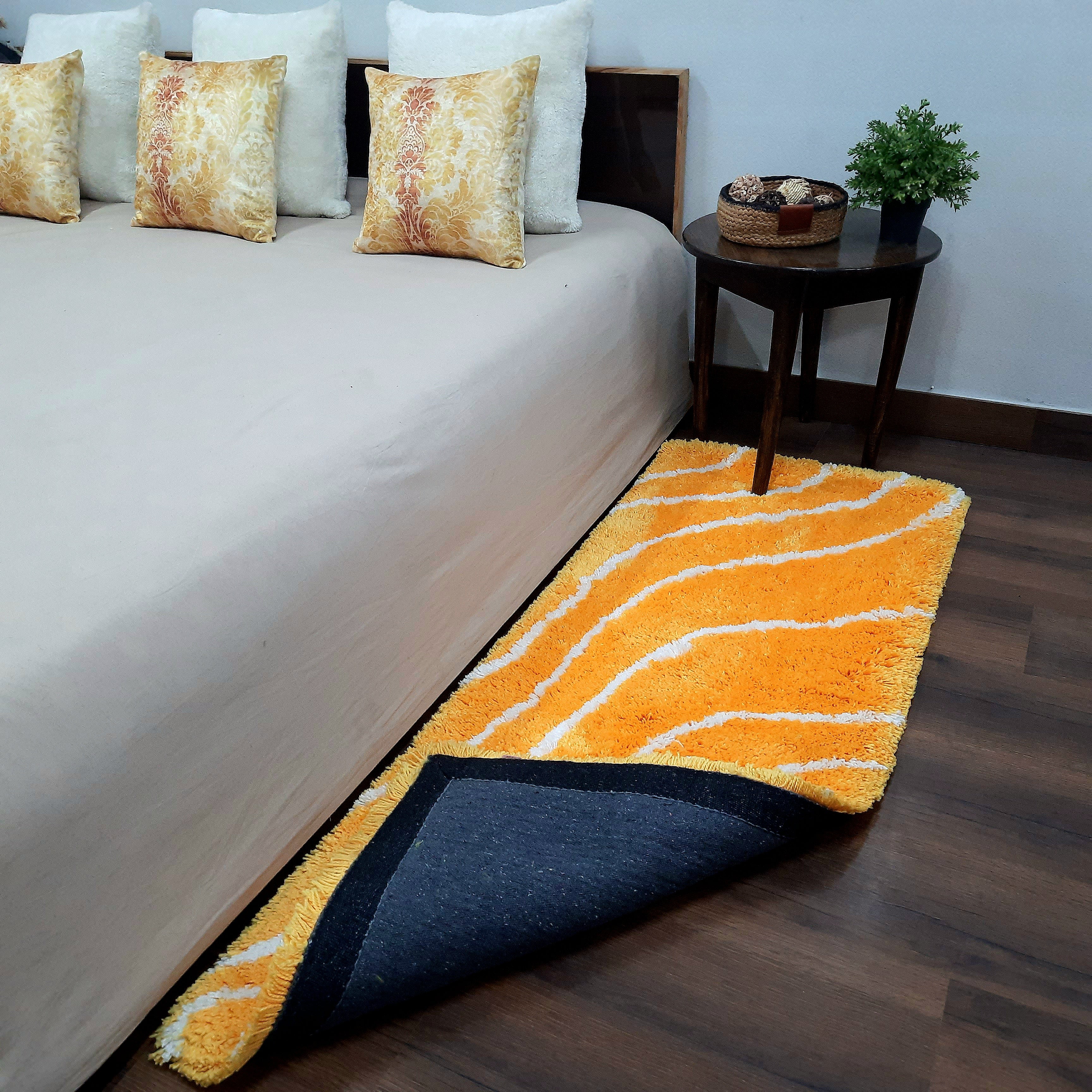 Premium Plush Shaggy Yellow Carpet With White Wave Design /Bedside Runners by Avioni Home