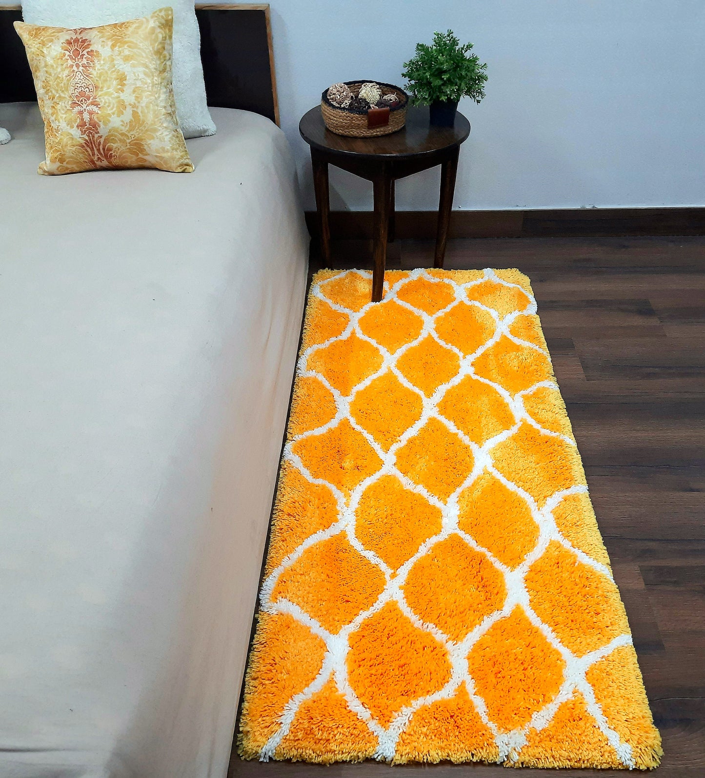 Plush Premium Shaggy Yellow Carpet With White Moroccan Design /Bedside Runners by Avioni Home
