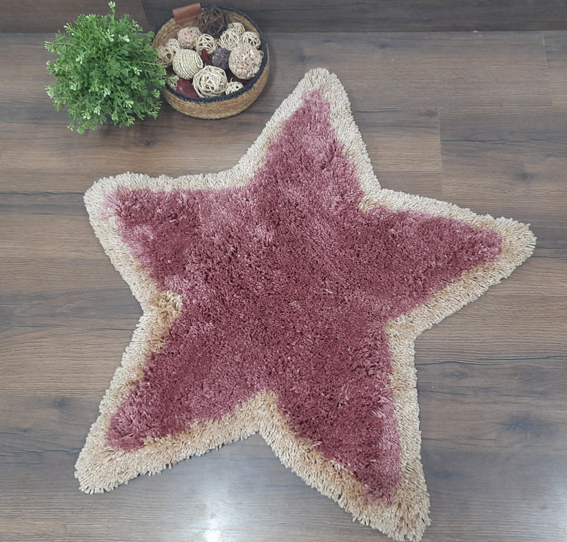 Shaggy Kids Carpet | Washable | Hand Woven Star Shape Super Luxurious Feel | Export Quality- Light Pink And Beige-75X75 Cms (2.5×2.5 Feet)