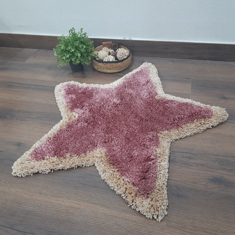Shaggy Kids Carpet | Washable | Hand Woven Star Shape Super Luxurious Feel | Export Quality- Light Pink And Beige-75X75 Cms (2.5×2.5 Feet)