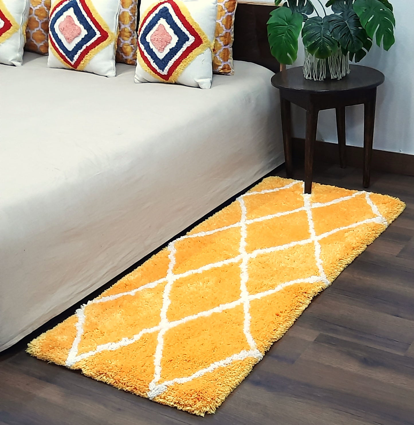 Plush Premium Shaggy Yellow Carpet With White Moroccan Design /Bedside Runners by Avioni Home