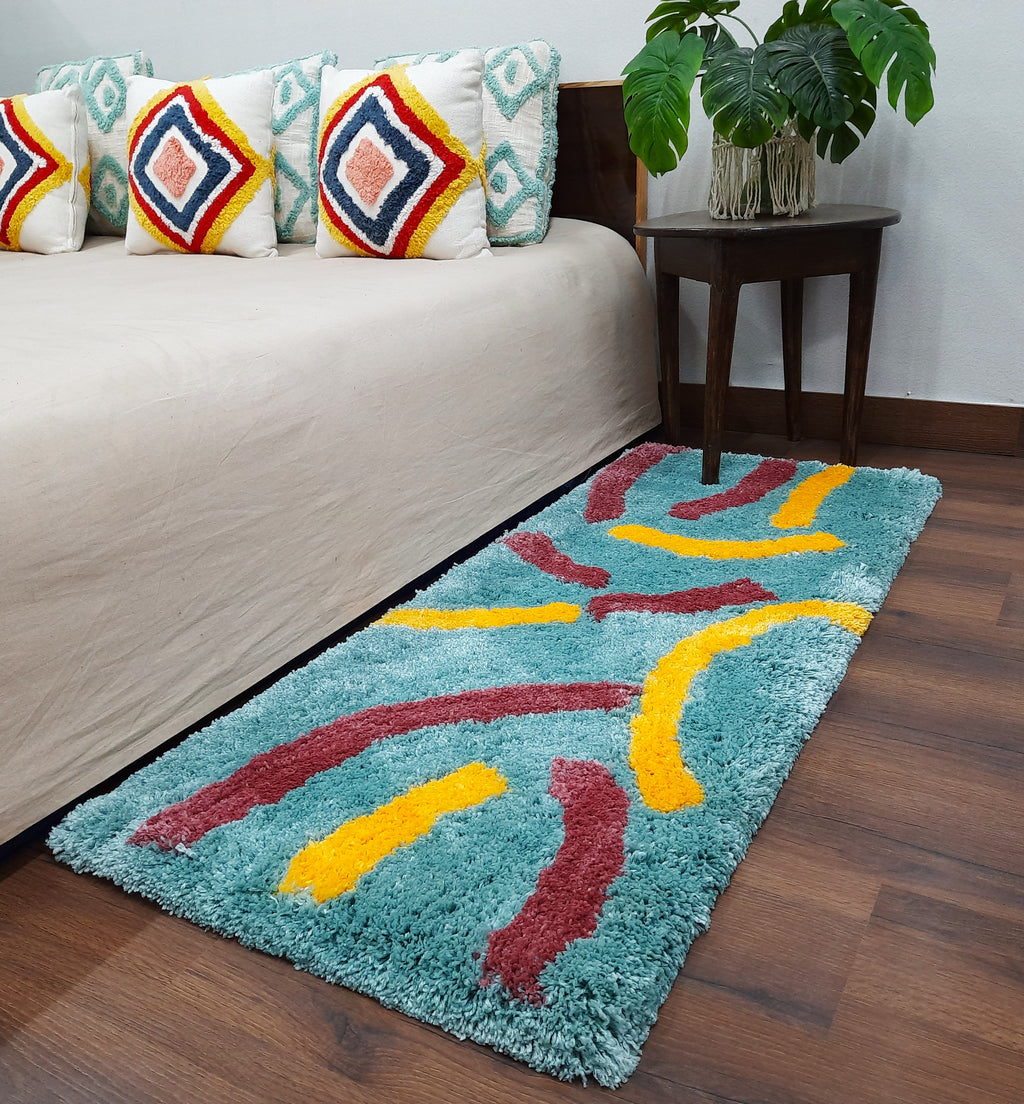 Plush Premium Shaggy Aqua Blue Base & Multi Colour With Modern Design /Bedside Runners by Avioni Home